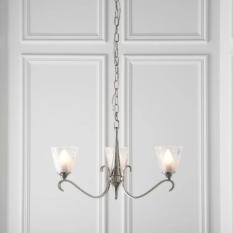 Chandeliers with Metal Frames in Silver FinishColumbia 3 Light Nickel Chandelier - Feather Glass Shades Chandeliers with Metal Frames in Silver FinishColumbia 3 Light Nickel Chandelier - Feather Glass Shades