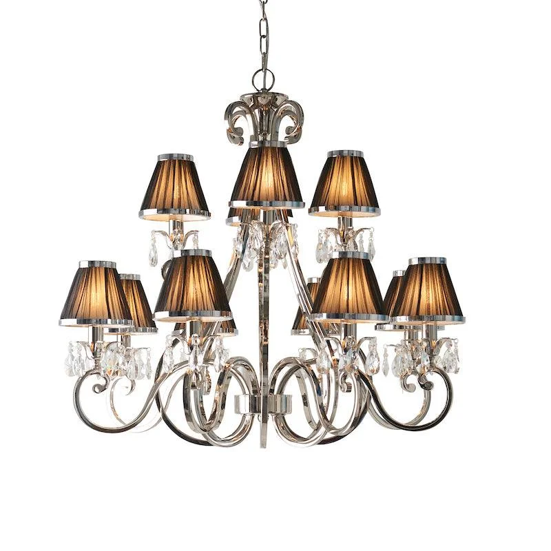 Chandeliers with Frosted Glass for a Softer Light DiffusionOksana Polished Nickel 12 Light Chandelier With Black Shades Chandeliers with Frosted Glass for a Softer Light DiffusionOksana Polished Nickel 12 Light Chandelier With Black Shades