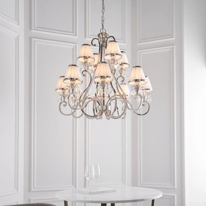 Mid - Century Modern Chandeliers for Vintage AppealOksana Polished Nickel 12 Light Chandelier With White Shades Mid - Century Modern Chandeliers for Vintage AppealOksana Polished Nickel 12 Light Chandelier With White Shades