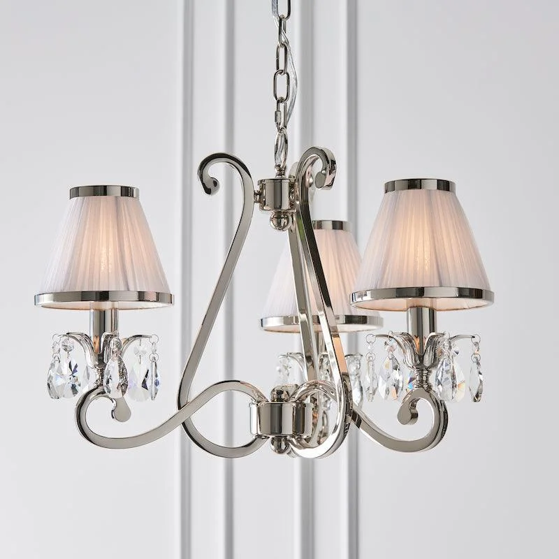 Traditional Brass Chandeliers for Classic InteriorsOksana Polished Nickel 3 Light Chandelier - White Shades Traditional Brass Chandeliers for Classic InteriorsOksana Polished Nickel 3 Light Chandelier - White Shades