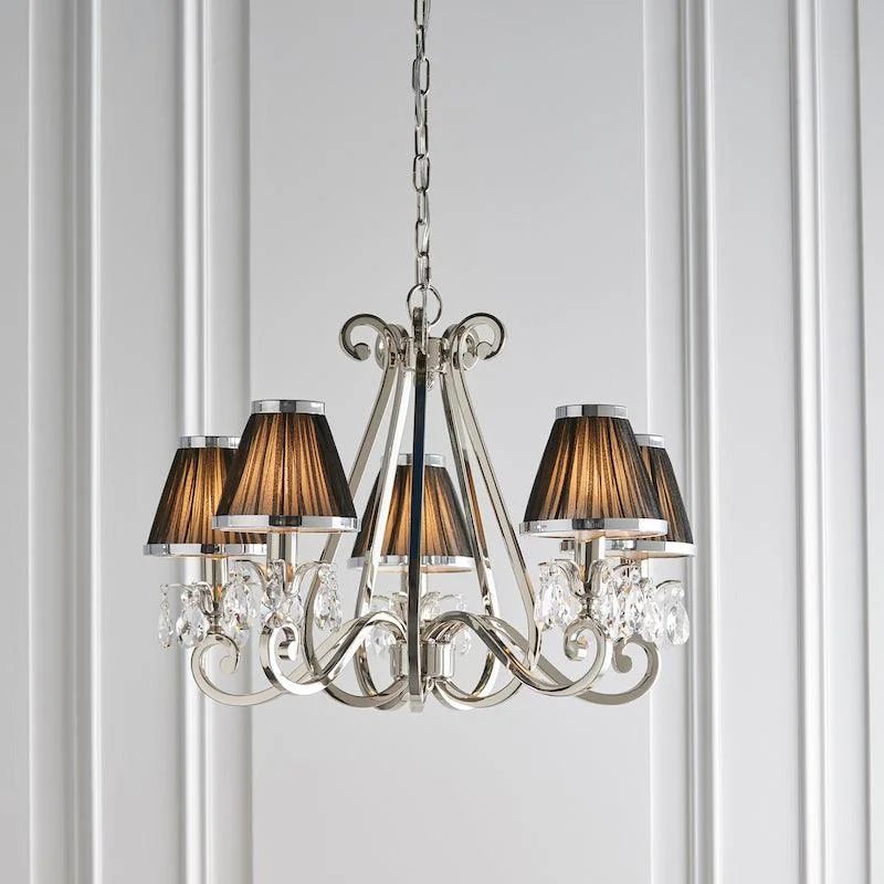 Bohemian - Style Beaded Chandeliers for Eclectic DecorOksana Polished Nickel 5 Light Chandelier - Black Shades Bohemian - Style Beaded Chandeliers for Eclectic DecorOksana Polished Nickel 5 Light Chandelier - Black Shades