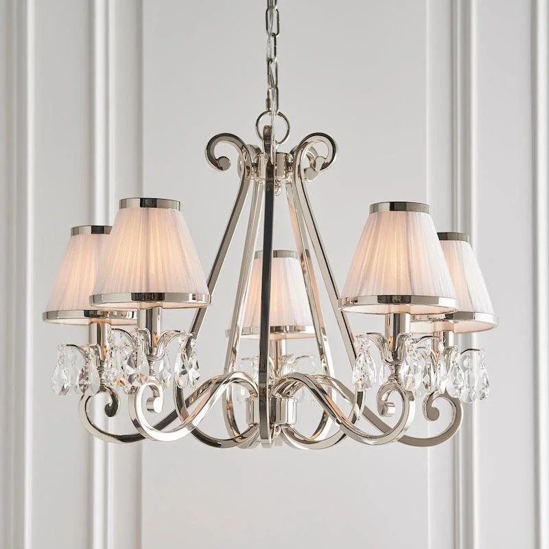 Chandeliers for Living Rooms to Create a Focal PointOksana Polished Nickel 5 Light Chandelier - White Shades Chandeliers for Living Rooms to Create a Focal PointOksana Polished Nickel 5 Light Chandelier - White Shades