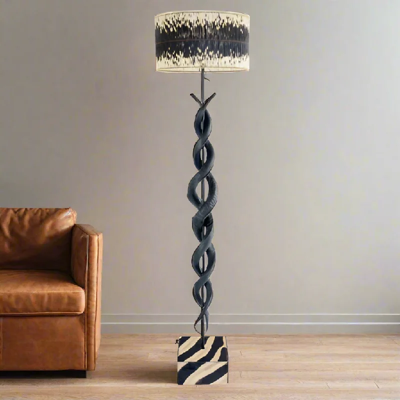 Marble Base Floor Lamp for a Touch of LuxuryBlack kudu horn double twist standing lamp & quill drum shade Marble Base Floor Lamp for a Touch of LuxuryBlack kudu horn double twist standing lamp & quill drum shade