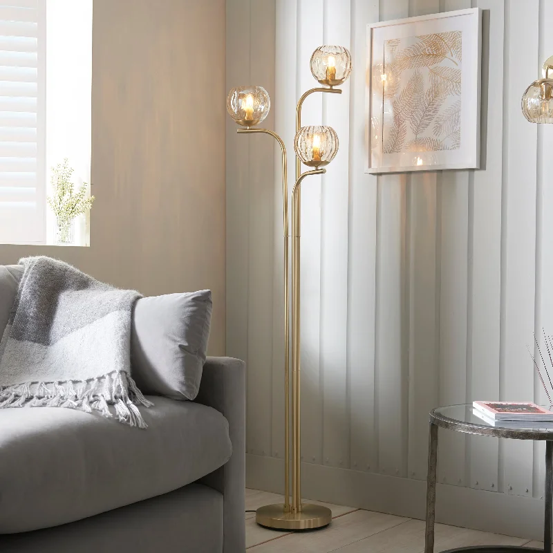 Industrial Style Floor Lamp with Exposed Bulbs for Loft ApartmentsDivot 3Lt Indoor Floor Lamp In Satin Brass Plate & Champagne Lustre Glass Finish Industrial Style Floor Lamp with Exposed Bulbs for Loft ApartmentsDivot 3Lt Indoor Floor Lamp In Satin Brass Plate & Champagne Lustre Glass Finish