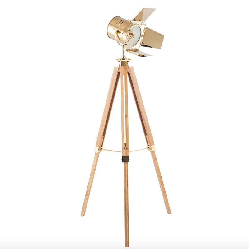 Industrial Style Floor Lamp with Exposed Bulbs for Loft ApartmentsNatural Wood Tripod Floor Lamp with Gold Head - ID 10668 Industrial Style Floor Lamp with Exposed Bulbs for Loft ApartmentsNatural Wood Tripod Floor Lamp with Gold Head - ID 10668
